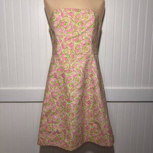 Molly B Vintage Strapless A-Line Dress Pink Green Swirl Print Boning Formal Zip